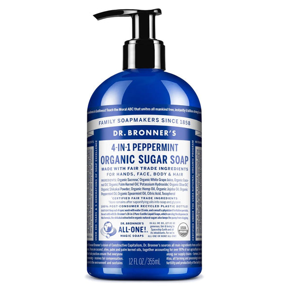 Dr. Bronners 4 In 1 Peppermint Organic Sugar Soap, 12 Oz, Pack of 2