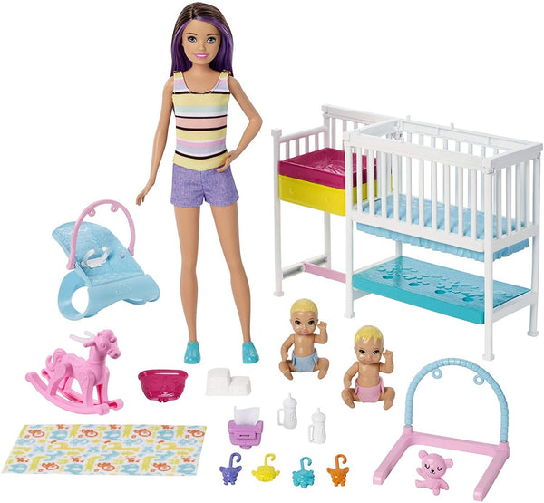 Barbie Nursery Playset with Skipper Babysitters Doll, 2 Baby Dolls, Crib and 10+ Pieces of Working Baby Gear and Themed Toys, Gift Set for 3 to 7 Year Olds, Multicolor