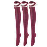 Lovely Annie Big Girl's Women's 3 Pairs Incredible Durable Super Soft Unique Over Knee High Thigh High Cotton Socks Size 6-9 A1022(Wine)