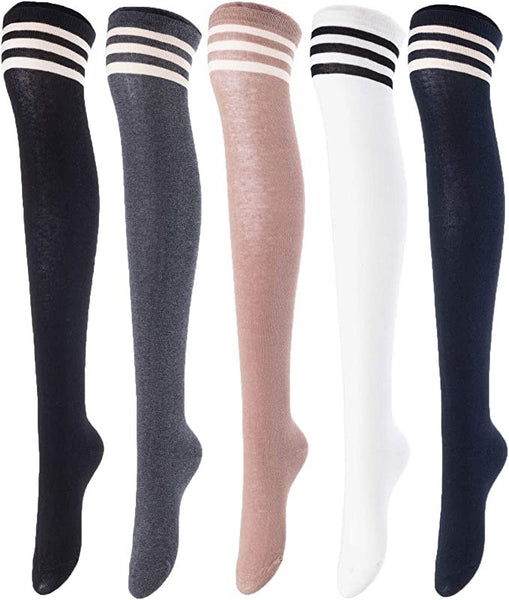Lovely Annie Women's 5 Pairs Incredible Durable Super Soft Unique Over Knee High Thigh High Cotton Socks Size 6-9 A1022(Black,DG,Khaki,White,Navy)