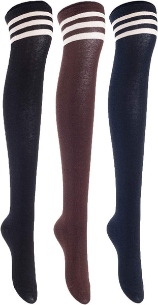 Lovely Annie Women's 3 Pairs Incredible Durable Super Soft Unique Over Knee High Thigh High Cotton Socks Size 6-9 A1022(Black, Coffee, Wine)