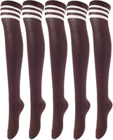 Lovely Annie Big Girl's Women's 5 Pairs Incredible Durable Super Soft Unique Over Knee High Thigh High Cotton Socks Size 6-9 A1022(Coffee)