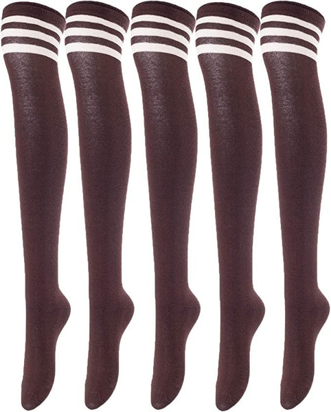 Lovely Annie Big Girl's Women's 5 Pairs Incredible Durable Super Soft Unique Over Knee High Thigh High Cotton Socks Size 6-9 A1022(Coffee)