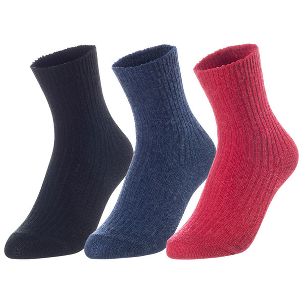 Lovely Annie Unisex Children's 3 Pairs Thick & Warm, Comfy Wool Crew Socks. Perfect as Winter Snow Sock and All Seasons LK08 Size 9Y-11Y (Black, Navy, Red)