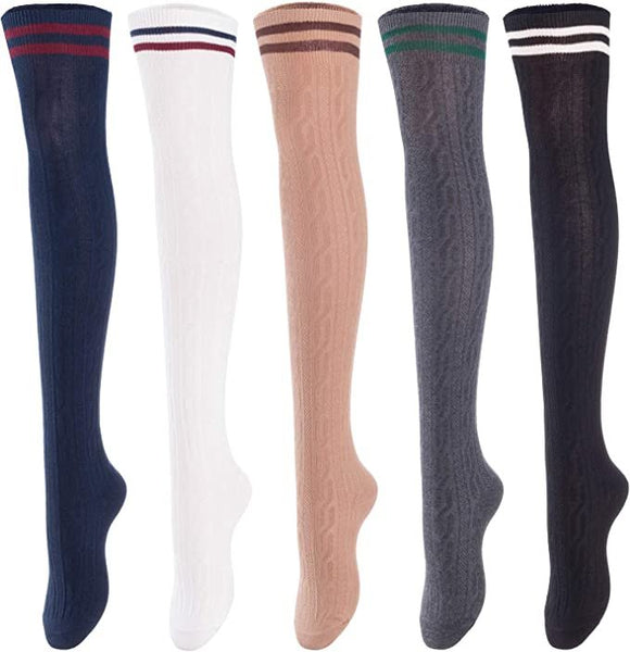 Lovely Annie Women's 5 Pairs Incredible Durable Super Soft Unique Over Knee High Thigh High Cotton Socks Size 6-9 A1023(Bcklk,DG,Khaki,White,Navy)