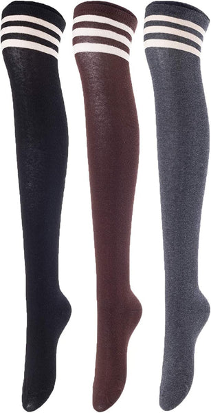 Lovely Annie Women's 3 Pairs Incredible Durable Super Soft Unique Over Knee High Thigh High Cotton Socks Size 6-9 A1022(Black, Coffee, Dark Grey)