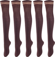 Lovely Annie Women's 5 Pairs Incredible Durable Super Soft Unique Over Knee High Thigh High Cotton Socks Size 6-9 A1023(Coffee)