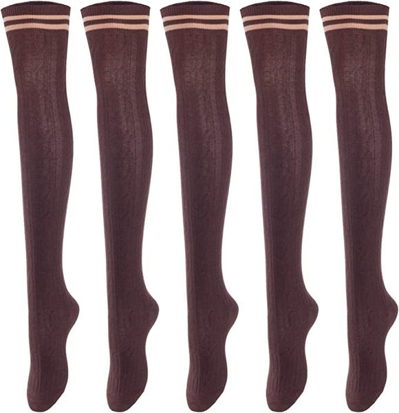 Lovely Annie Women's 5 Pairs Incredible Durable Super Soft Unique Over Knee High Thigh High Cotton Socks Size 6-9 A1023(Coffee)