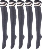 Lovely Annie Big Girl's Women's 5 Pairs Incredible Durable Super Soft Unique Over Knee High Thigh High Cotton Socks Size 6-9 A1022(Dark Grey)