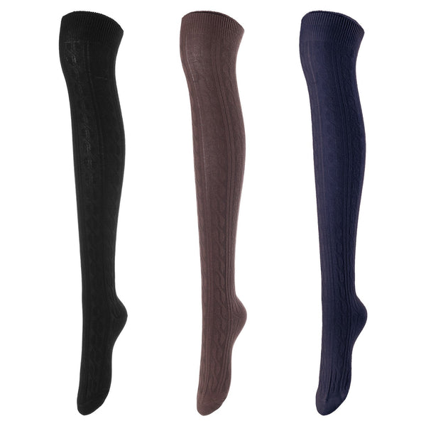 Lovely Annie Women's 3 Pairs Incredible Durable Super Soft Unique Over Knee High Thigh High Cotton Socks Size 6-9 A1024 (Black,Coffee,Navy)