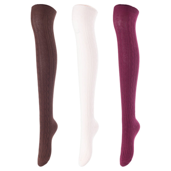 Lovely Annie Women's 3 Pairs Incredible Durable Super Soft Unique Over Knee High Thigh High Cotton Socks Size 6-9 A1024 (Coffee,Beige,Wine)