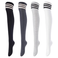 Remarkable Big Girls' Women's 4 Pairs Thigh High Cotton Socks, Long Lasting, Colorful and Fancy LBG1022 One Size (Black, Dark Grey, Grey, White)