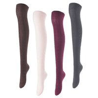 Remarkable Big Girl's Women's 4 Pairs Thigh High Cotton Socks Long Lasting, Colorful and Fancy LA1024 One Size (Coffee, Beige, Wine, Dark Grey)