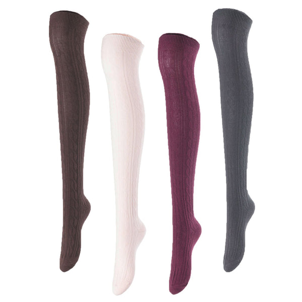 Remarkable Big Girl's Women's 4 Pairs Thigh High Cotton Socks Long Lasting, Colorful and Fancy LA1024 One Size (Coffee, Beige, Wine, Dark Grey)