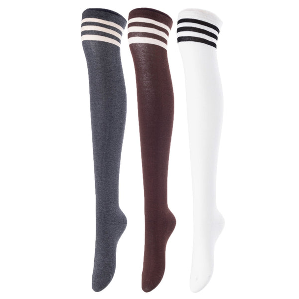 Lovely Annie Big Girl's Women's 3 Pairs Incredible Durable Super Soft Unique Over Knee High Thigh High Cotton Socks Size 6-9 A1022(DG,Cofe,White)