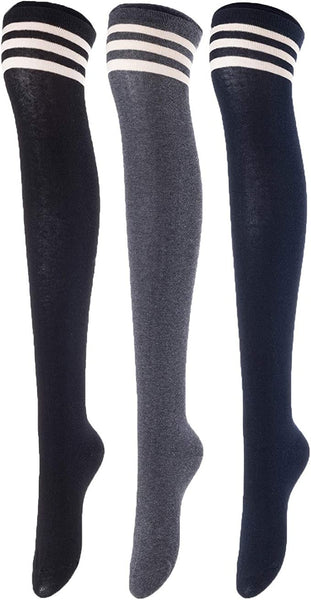 Lovely Annie Big Girl's Women's 3 Pairs Incredible Durable Super Soft Unique Over Knee High Thigh High Cotton Socks Size 6-9 A1022(Black,DG,Navy)