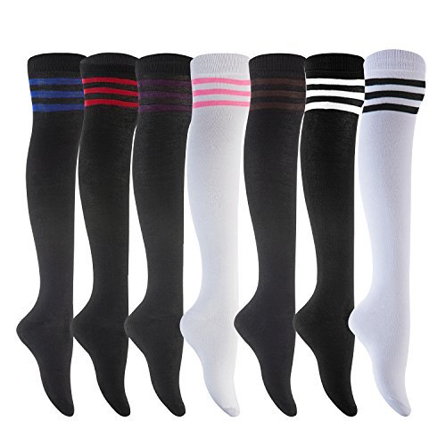 Lovely Annie Big Girl's 7 Pairs Over-the-Knee Thigh High Knee High Cotton Socks Size L/XL 7 Color