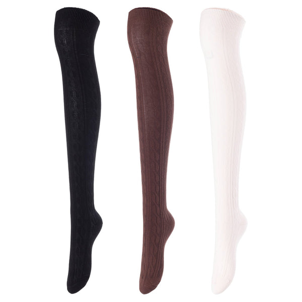 Lovely Annie Women's 3 Pairs Incredible Durable Super Soft Unique Over Knee High Thigh High Cotton Socks Size 6-9 A1024 (Black,Coffee,Beige)