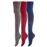 Remarkable Big Girl's Women's 3 Pairs Thigh High Cotton Socks Long Lasting, Colorful and Fancy LA1025 One Size (Navy, Dark Grey, Wine)