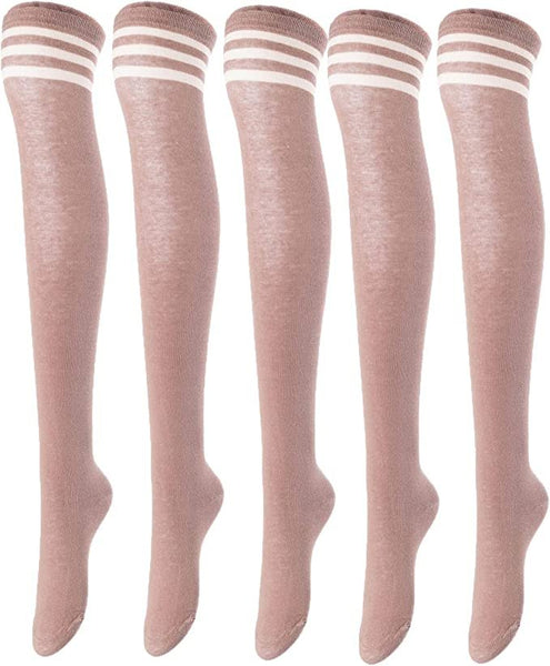 Lovely Annie Women's 5 Pairs Incredible Durable Super Soft Unique Over Knee High Thigh High Cotton Socks Size 6-9 A1022(Khaki)