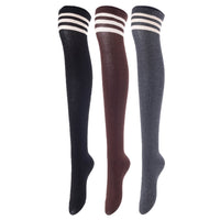 Lovely Annie Big Girl's Women's 3 Pairs Incredible Durable Super Soft Unique Over Knee High Thigh High Cotton Socks Size 6-9 A1022(Blk,Cofe,DG)