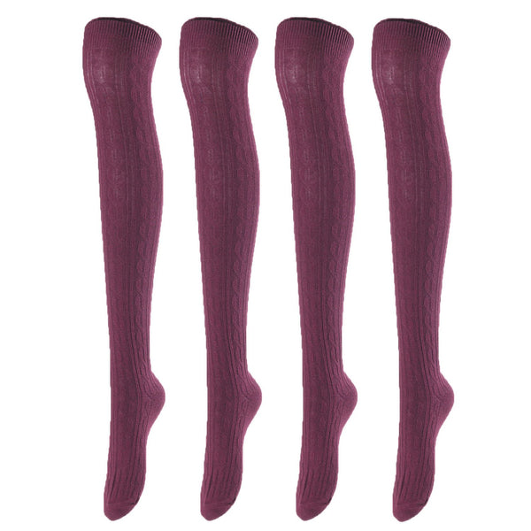 Remarkable Big Girl's Women's 4 Pairs Thigh High Cotton Socks Long Lasting, Colorful and Fancy LA1024 One Size (Wine)