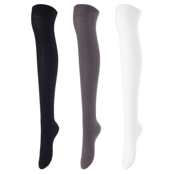 Lovely Annie Women's 3 Pairs Incredible Durable Super Soft Unique Over Knee High Thigh High Cotton Socks Size 6-9 A1024 (Black,DarkGrey,Cream White)