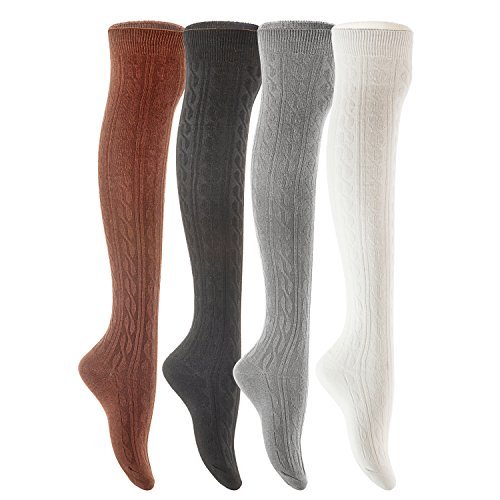 Lovely Annie Big Girl's 4 Pairs Over Knee High Thigh High Cotton Socks A2JMYP102-1 Size L/XL(Black,Coffee,Dark Grey,White)