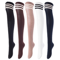 Lovely Annie Women's 5 Pairs Incredible Durable Super Soft Unique Over Knee High Thigh High Cotton Socks Size 6-9 A1022(Black,Coffee,Khaki,White,Nvy)