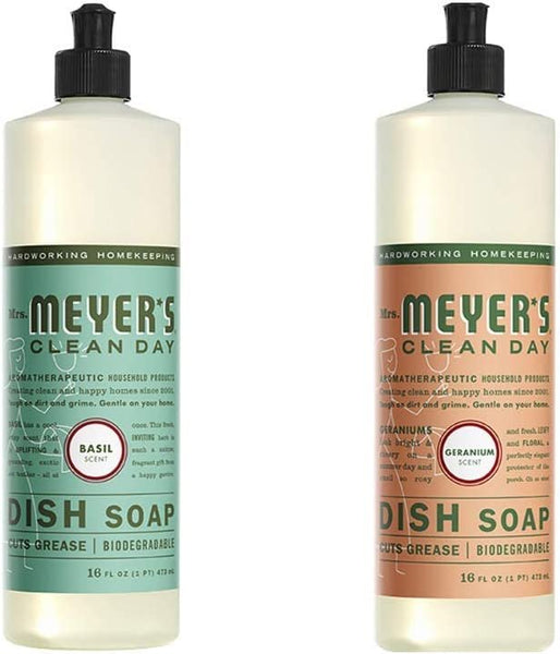 Mrs. Meyers Clean Day Liquid Dish Soap, 1 Pack Basil, 1 Pack Geranium, 16 OZ each