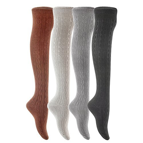 Lovely Annie Big Girl's 4 Pairs Over Knee High Thigh High Cotton Socks A2JMYP1024-03 Size L/XL(Black,Coffee,Grey,Dark Grey)
