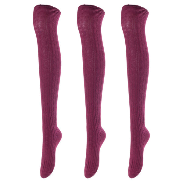 Lovely Annie Women's 3 Pairs Incredible Durable Super Soft Unique Over Knee High Thigh High Cotton Socks Size 6-9 A1024(Wine)