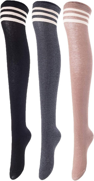 Lovely Annie Women's 3 Pairs Incredible Durable Super Soft Unique Over Knee High Thigh High Cotton Socks Size 6-9 A1022(Black, Dark Grey, Kakhi)