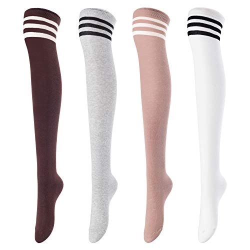 Women's 4 Pairs Thigh High Socks Over the Knee High Leg Wamers Girls Winter Warm Crochet Socks(Coffee,Grey, Beige, White) 4c4