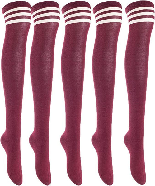 Lovely Annie Women's 5 Pairs Incredible Durable Super Soft Unique Over Knee High Thigh High Cotton Socks Size 6-9 A1022(Wine)