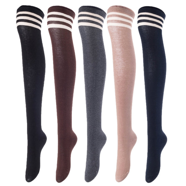 Lovely Annie Women's 5 Pairs Incredible Durable Super Soft Unique Over Knee High Thigh High Cotton Socks Size 6-9 A1022(Black,Coffee,DG,Khaki,Navy)
