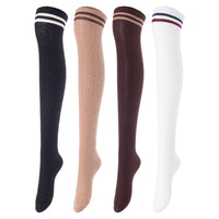 Remarkable Big Girls' Women's 4 Pairs Thigh High Cotton Socks, Long Lasting, Colorful and Fancy J1023 Size 6-9(Black, Coffee, Beige, White)