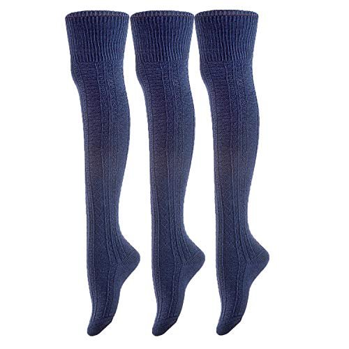 Lovely Annie Big Girl's 3 Pairs Fashion Thigh High Cotton Socks Over the Knee High Leg Wamers A2JMYP1025 Size L/XL(Navy)