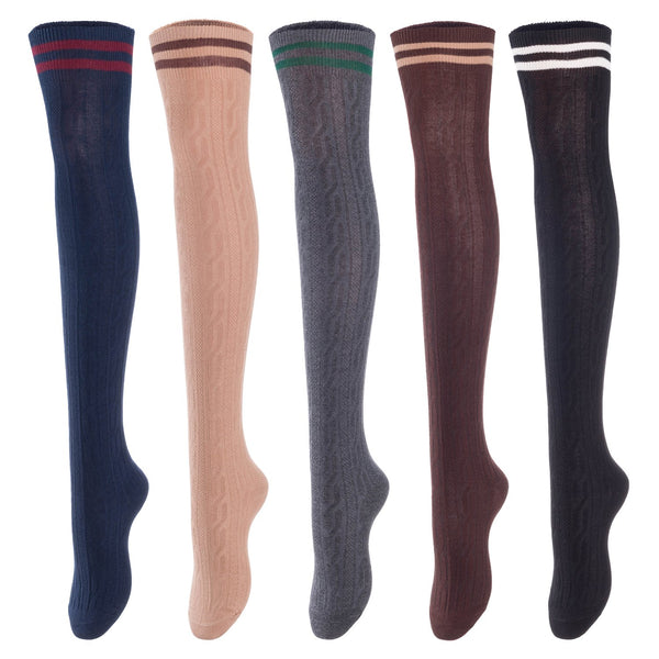 Lovely Annie Women's 5 Pairs Incredible Durable Super Soft Unique Over Knee High Thigh High Cotton Socks Size 6-9 A1023(Black,Coffee,DG,Khaki,Navy)