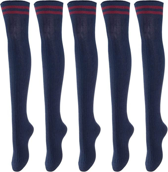 Lovely Annie Women's 5 Pairs Incredible Durable Super Soft Unique Over Knee High Thigh High Cotton Socks Size 6-9 A1023(Navy)