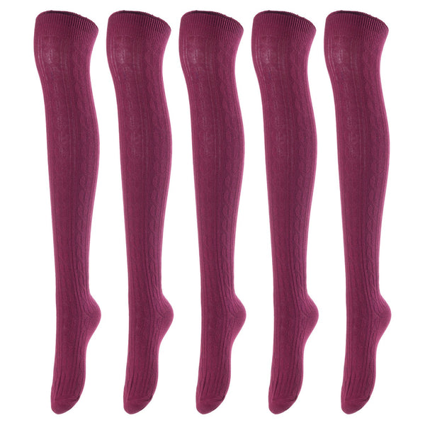 Lovely Annie Women's 5 Pairs Incredible Durable Super Soft Unique Over Knee High Thigh High Cotton Socks Size 6-9 A1024 (Wine)