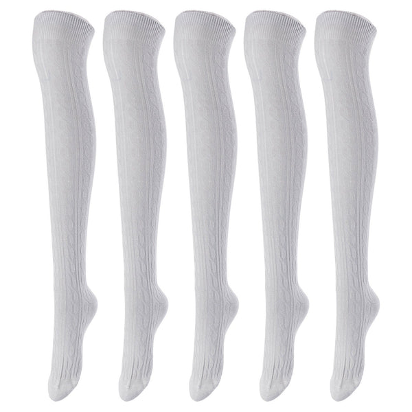 Lovely Annie Women's 5 Pairs Incredible Durable Super Soft Unique Over Knee High Thigh High Cotton Socks Size 6-9 A1024 (Light Grey)