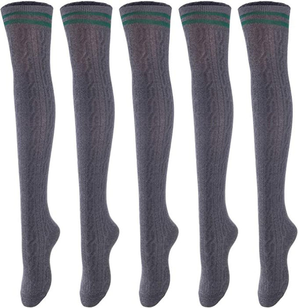 Lovely Annie Women's 5 Pairs Incredible Durable Super Soft Unique Over Knee High Thigh High Cotton Socks Size 6-9 A1023(DarkGrey)