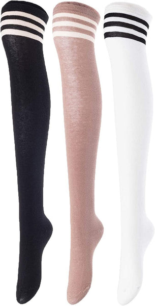 Lovely Annie Women's 3 Pairs Incredible Durable Super Soft Unique Over Knee High Thigh High Cotton Socks Size 6-9 A1022(Black, Kakhi, White)