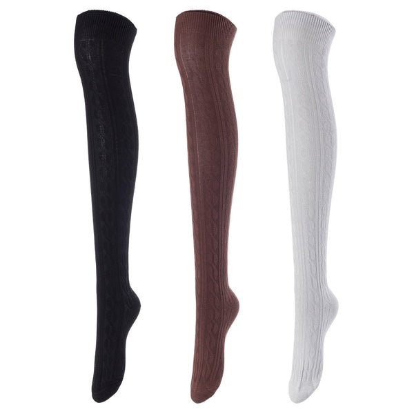 Lovely Annie Women's 3 Pairs Incredible Durable Super Soft Unique Over Knee High Thigh High Cotton Socks Size 6-9 A1024 (Black,Coffee,Grey)