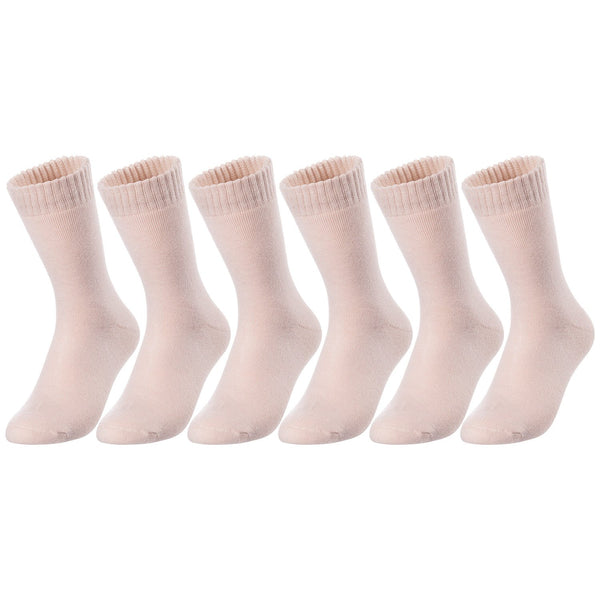 6 Pairs Children's Wool Crew Socks for Boys and Girls. Durable, Stretchable, Thick & Warm Sweat Resistant Kid Socks LK0601 Size 9Y-11Y (Beige)