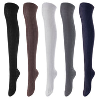 Lovely Annie Women's 5 Pairs Incredible Durable Super Soft Unique Over Knee High Thigh High Cotton Socks Size 6-9 A1024(Black,Coffee,Grey,DG,Navy)