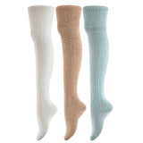 Remarkable Big Girl's Women's 3 Pairs Thigh High Cotton Socks Long Lasting, Colorful and Fancy LA1025 One Size (Cream, Beige, Blue)