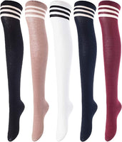 Lovely Annie Women's 5 Pairs Incredible Durable Super Soft Unique Over Knee High Thigh High Cotton Socks Size 6-9 A1022(Black,Khaki,White,Navy,Wine)