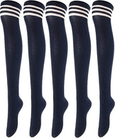 Lovely Annie Women's 5 Pairs Incredible Durable Super Soft Unique Over Knee High Thigh High Cotton Socks Size 6-9 A1022(Navy)